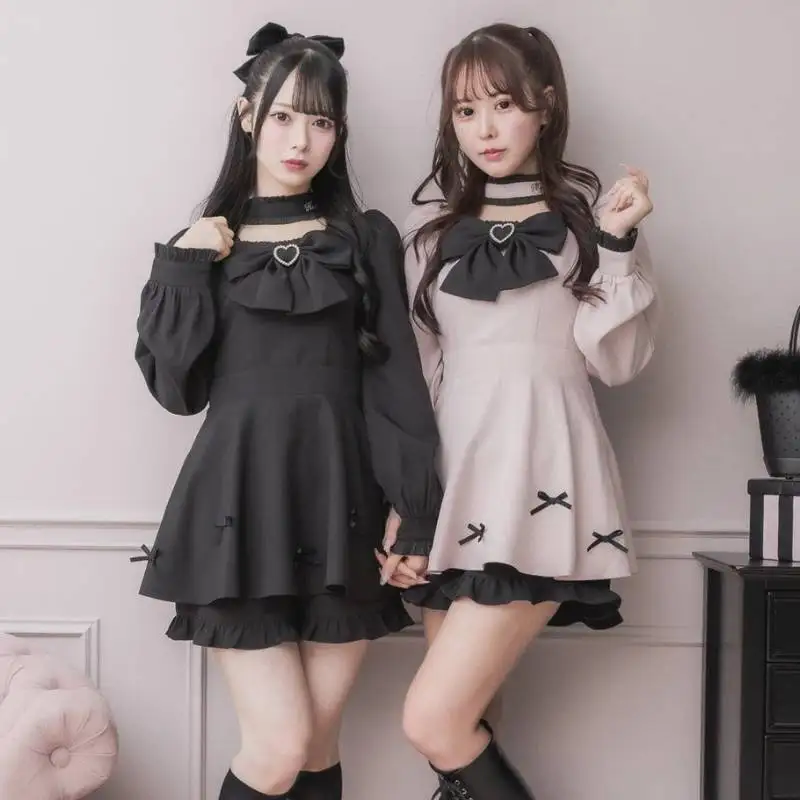 Jirai Kei Kawaii Mini Dress Women Heart Rhinestone Big Bow Choker Neck Small Bow Decor A-line Sweet Harajuku Alt Dress 2pcs