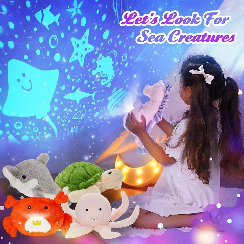 Stuffed Projector Doll Dolphin Plush Toys Throw Pillows Gift LED Ocean Animals Projector for Girls Kids Early Education