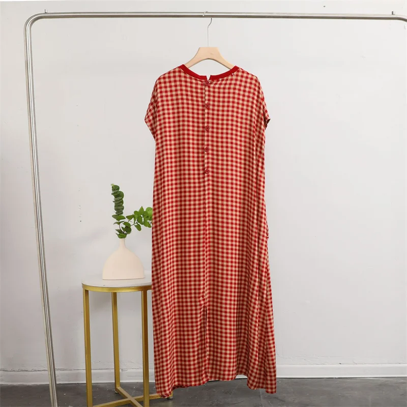 Fashion Plaid And Dot Night Dress Women Loose Cotton Short Sleeve Sleepwear Nightgowns Summer Ladies Nightwear Sleeping Clothes - view 3