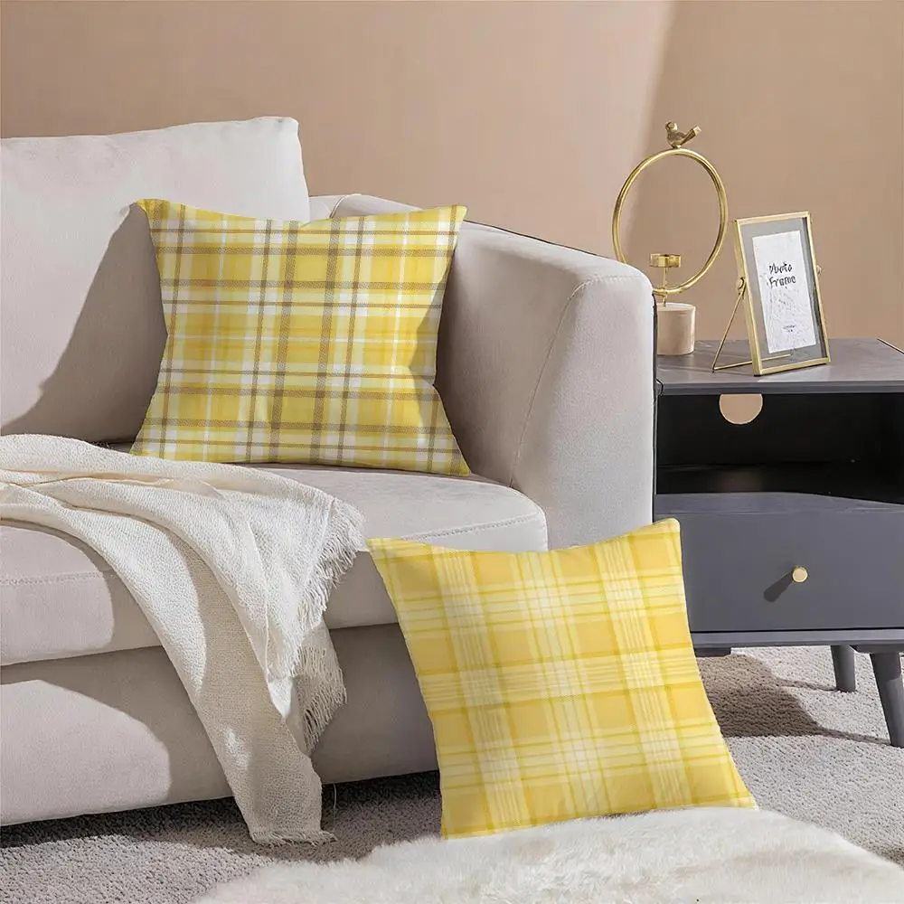 Sunny Classic Art Y-Yellow Plaid Tartan Cushion Cover Sofa Home Living Room Car Decor Washable Decorative Square Pillowcase