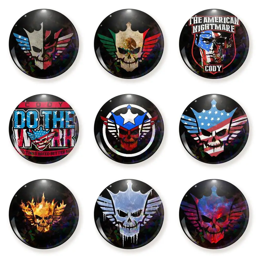 Broches redondos de dibujos animados de C-Cody R-Rhodes, 75x75, 25x25 mm, accesorios para camisa y mochila, insignia de joyería, regalo para amigos