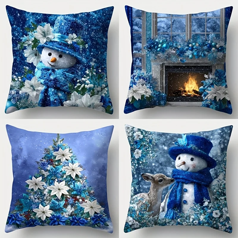 4pcs Christmas Pillow Covers – Royal Blue with Snowman & Blue-White Floral Fireplace Design, Festive Decor for Living Room Sofa