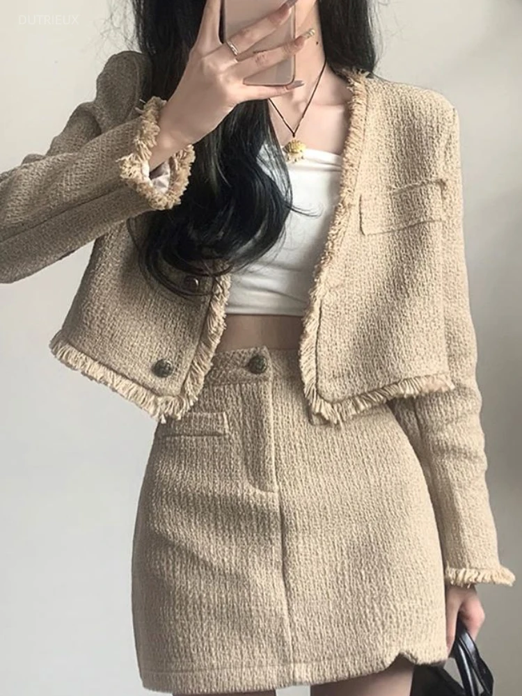 Temperament Women's Clothing Korean Chic 2 Piece Sets V-neck Tassel Crop Jackets High Waist Slim Fit Bodycon Mini Skirt Suit