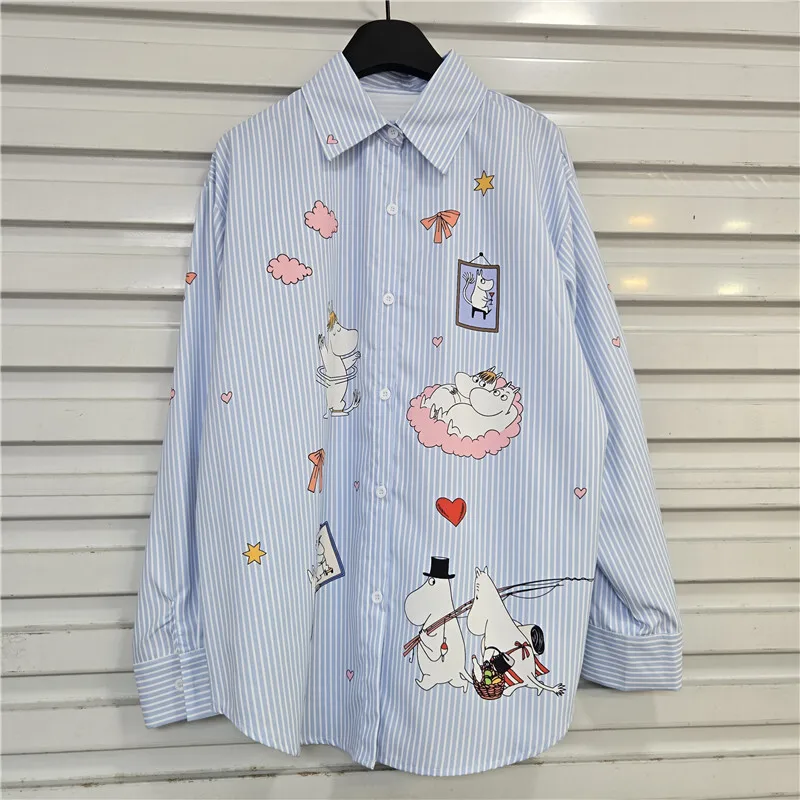 WTHT موضة جديدة للمرأة الكرتون طباعة مخطط تصميم قميص 2025 الصيف العصرية التلبيب بلوزة بأكمام طويلة الإناث 1LS2244