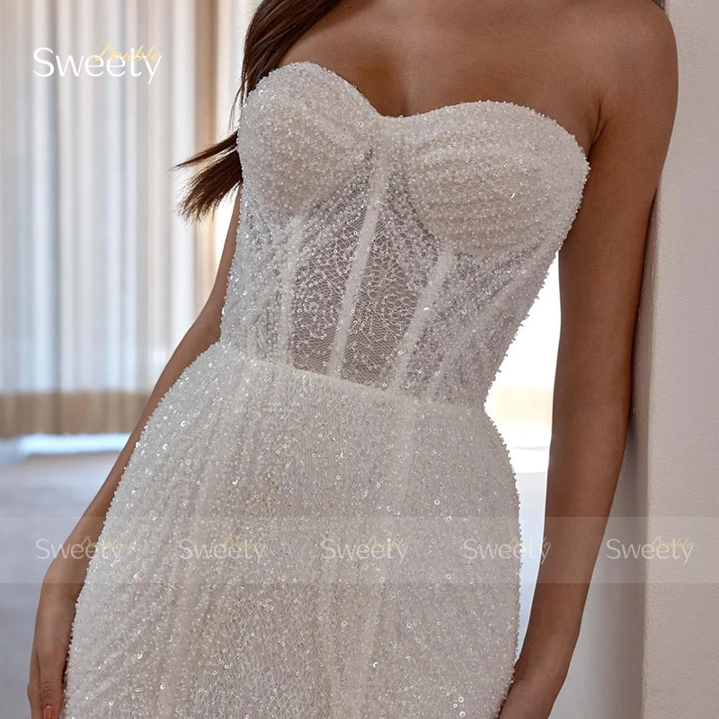 Lussuoso abito da sposa a sirena in pizzo di Tulle con perline abito da ballo senza spalline senza maniche abito da sposa bottone Vestido De Casamento