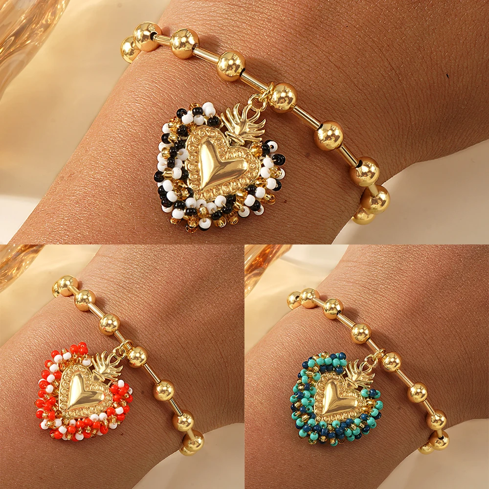 

Go2boho Handmade Sacred Heart Charm Bracelet Women Gold Plated Beads Bracelet Colorful Jewelry Gift
