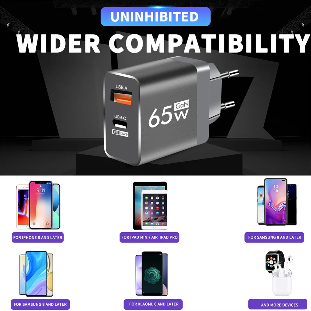 65 Вт GaN USB зарядное устройство для быстрой зарядки телефона настенный адаптер для iPhone Xiaomi Samsung портативный адаптер для быстрой зарядки 3.0 дорожный адаптер