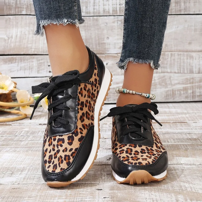 Zapatos vulcanizados con cordones para mujer, calzado informal con estampado de leopardo, colores mezclados, cómodos para caminar, gran oferta, Otoño, 2024