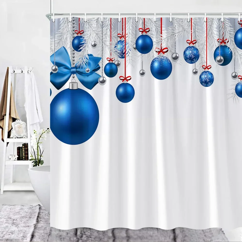 Christmas Shower Curtain Set Red Xmas Balls Fir Christmas Holidays Decor Fabric Hook Bathroom Curtains Bathroom Accessories Sets