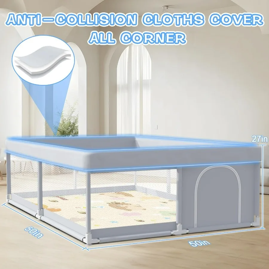 Baby Playpen with Mat 50x50 Inch Play Pen Playpen for Babies and Toddlers Baby Playard for Indoor Outdoor Active Center Game Fe