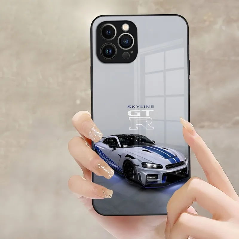 Racing GTR Sports Car Phone Case Luxury Design Glass For IPhone 14 Pro 12 11 13 Mini X XR XS Max 8 7 6 Plus SE Back Cover