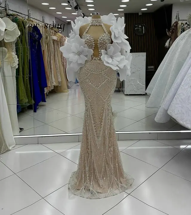 

2026 Платья для выпускного вечера русалки цвета шампанского с белыми 3D цветами и кристаллами, расшитые бисером, вечерние свадебные вечерние платья по индивидуальному заказу
