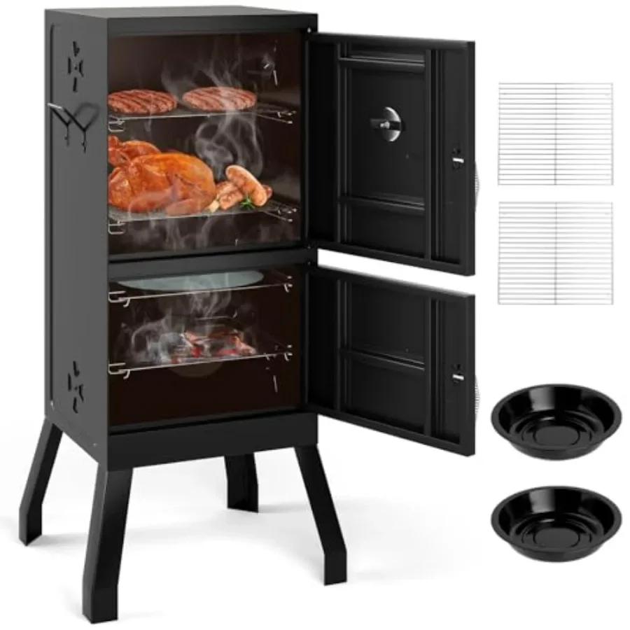 40 Charcoal Smoker for backyard BBQ smoking, heavy-duty steel construction, black finish, even heat distribution and precise te