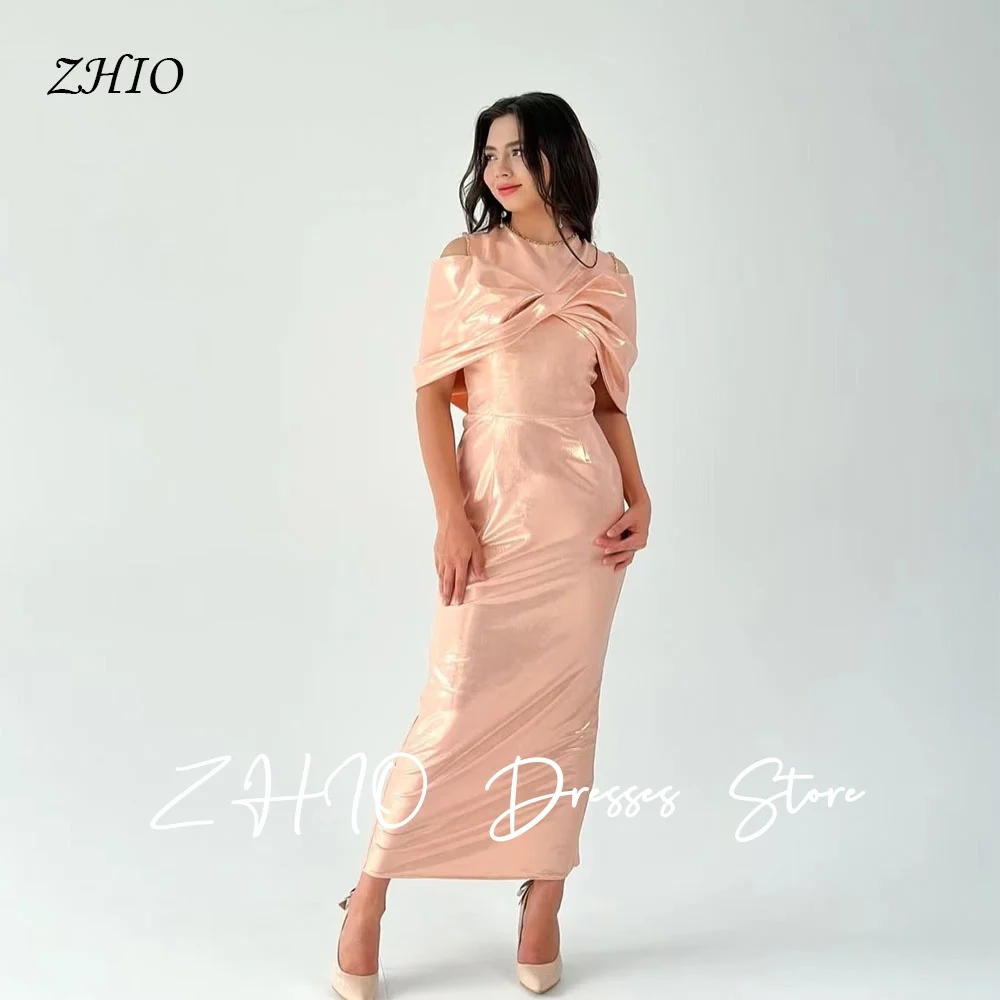 فساتين سهرة ZHIO لامعة بلون الشمبانيا ورقبة دائرية مع فيونكة مكشوفة الأكتاف من الساتان مناسبة رسمية فستان حفلات أعياد الميلاد مخصص أنيق