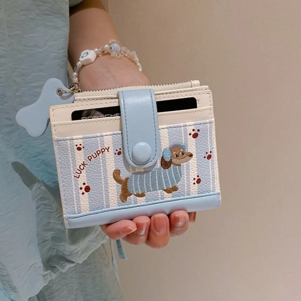 Ins Dachshund Embroidery Short Wallet Zipper Dopamine Color Card Bag PU Cartoon Dog Small Item Bag Women Girl