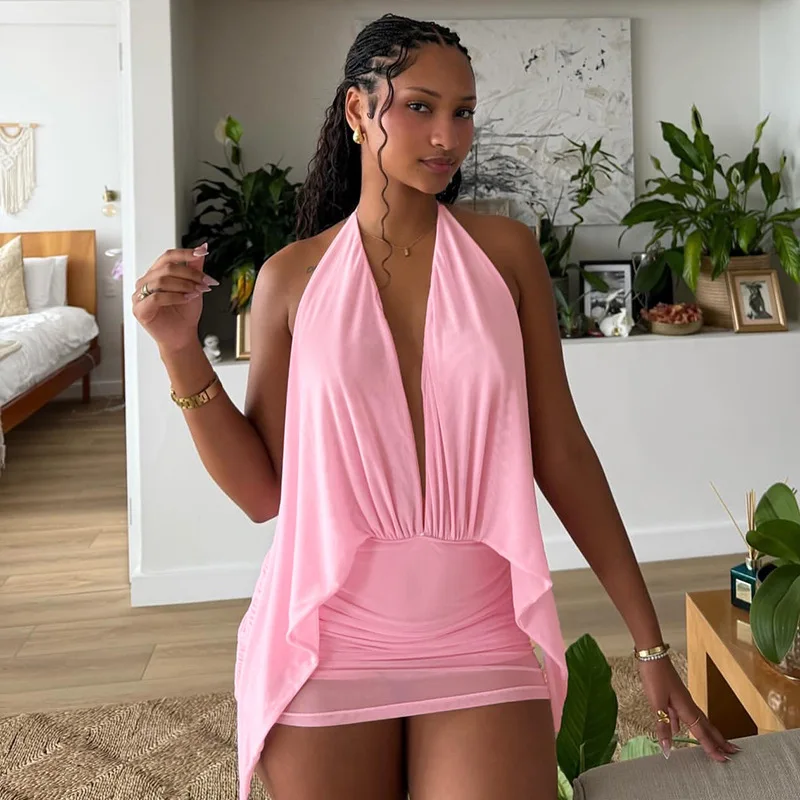 

STYLISH LADY Sexy Pink Halter Mini Dress 2026 Summer Women Sheer Overlay Deep V Backless Ruched Bodycon Party Clubwear Dress