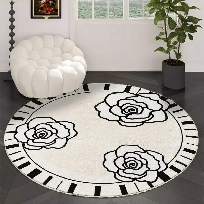 

Black & White Round Rug – Floral Geometric Art Pattern, Elegant Luxury Soft Durable Floor Decor for Living Room