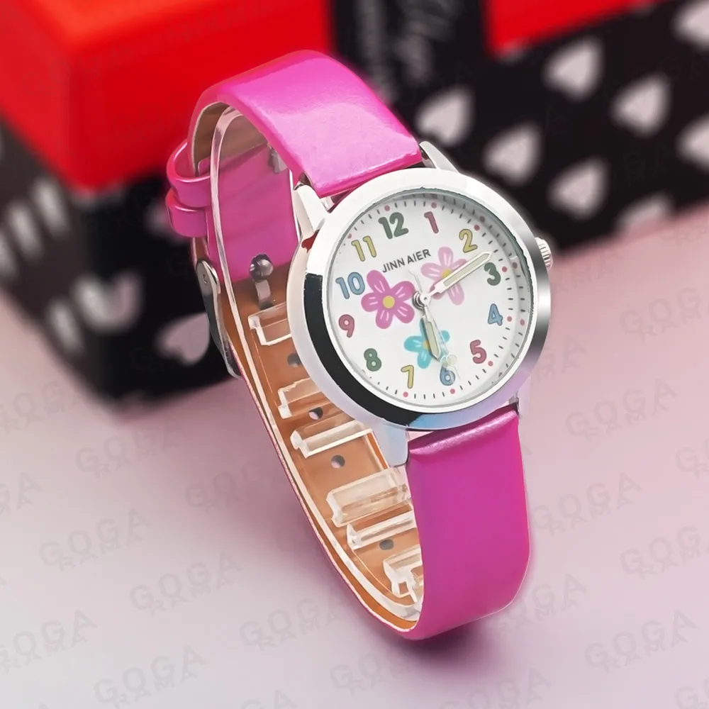 Nieuw Bloemenpatroon Kinderhorloge Roze Rood Wit Lederen Quartz Jongenshorloge Meisjesklok Nieuwjaarscadeau