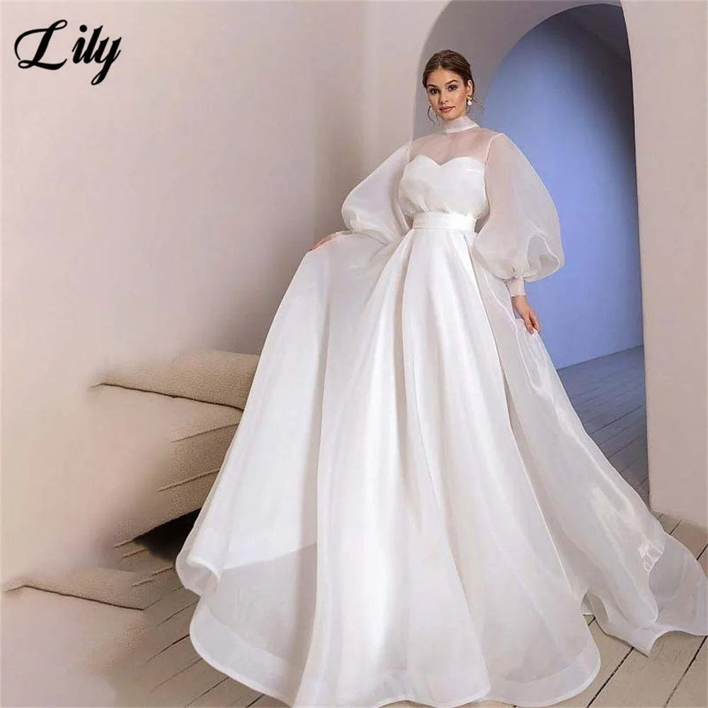 

Lily White Evening Dresses High Neck Off Shoulder Prom Dresses with Bow Puffed Sleeve Party Formal Gown robe de bal Customized
