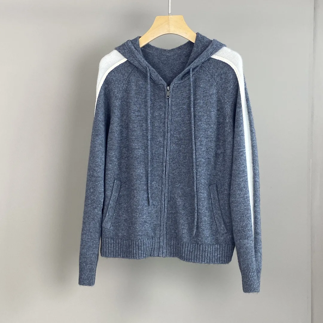 

Autumn And Winter New Hooded Cashmere 100 Cashmere Solid Color Hooded Warm Knitted Cardigan Jacket For Women