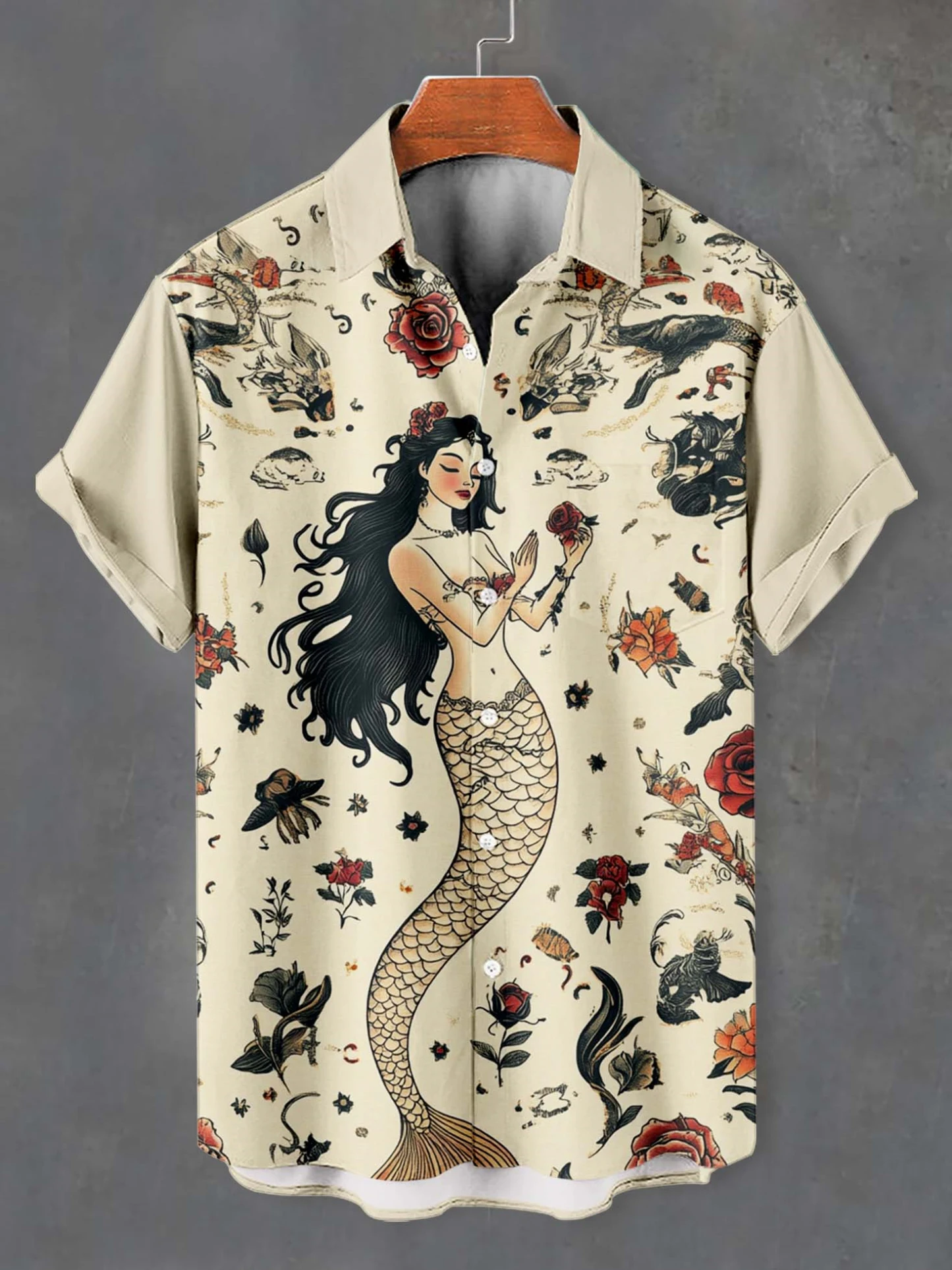 

Летние винтажные рубашки с 3D принтом русалки, мужская модная рубашка, повседневная винтажная уличная рубашка с коротким рукавом, блузка, мужская одежда