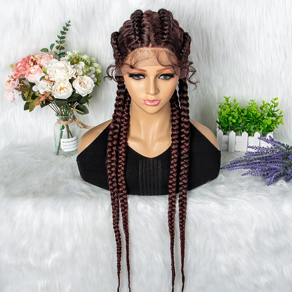 KIMA wig kepang Cornrow depan renda sintetis 4 kepang Belanda berwarna untuk WANITA HITAM