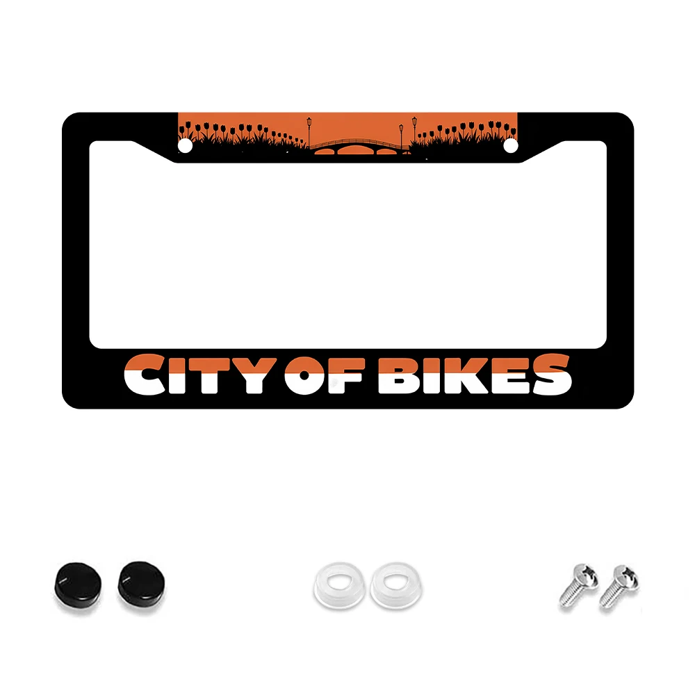 

1pc Black and Orange 2-Hole License Plate Frame with City of Bikes Pattern, Aluminum Material, 6x12 Inches, Includes Screw Kit,