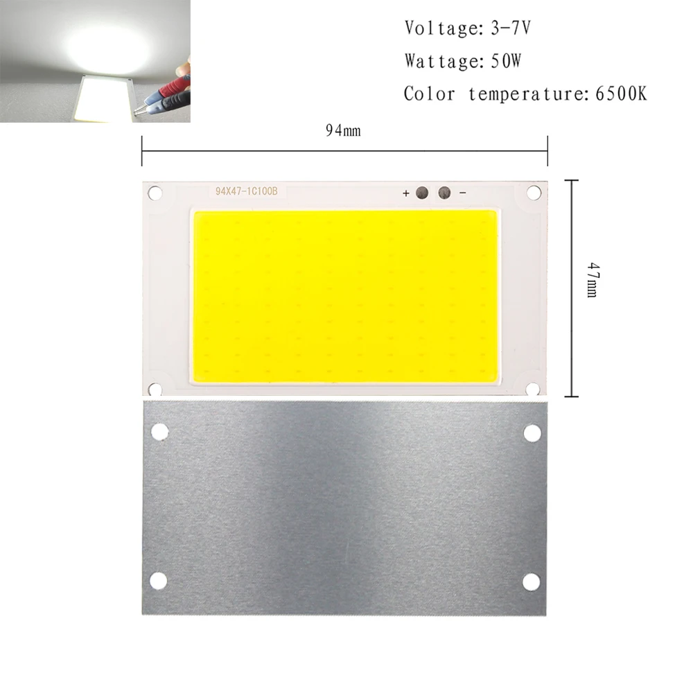 칩 온 보드 COB LED 광원, DIY 투광 조명용 쿨 화이트, LED 전구 스포트라이트, 94x47mm, 50W, DC 3V, 3.7V, 1 개