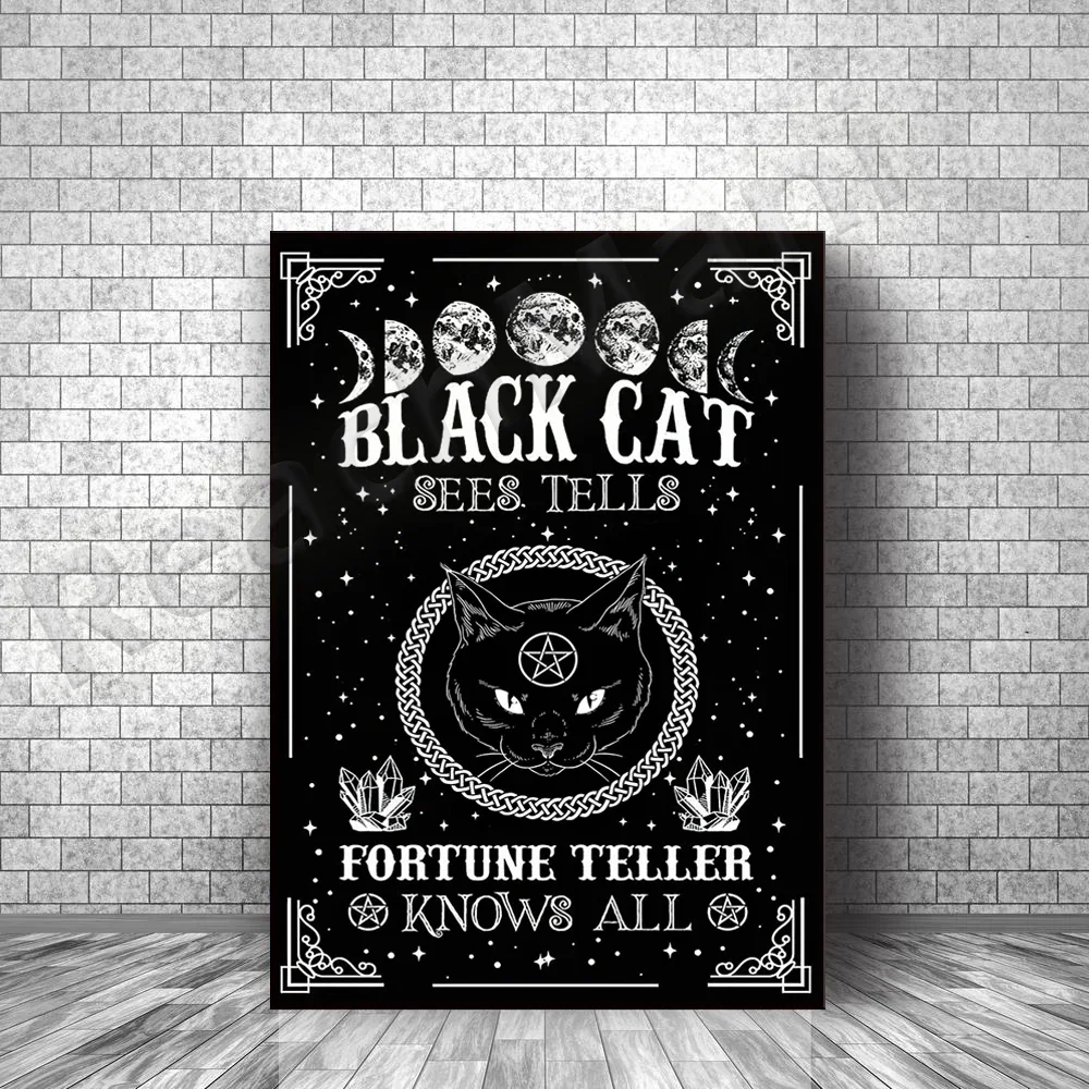 

black cat fortune teller poster, girl and cat poster, gift for cat lovers, black cat art print, halloween home decor canvas