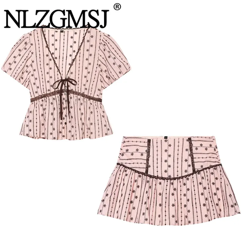 Nlzgmsj 2026 Sommer Damen Vintage Blumenstickerei Zweiteiler Tiefer V-Ausschnitt Puffärmel Schößchen-Top Minirock Set