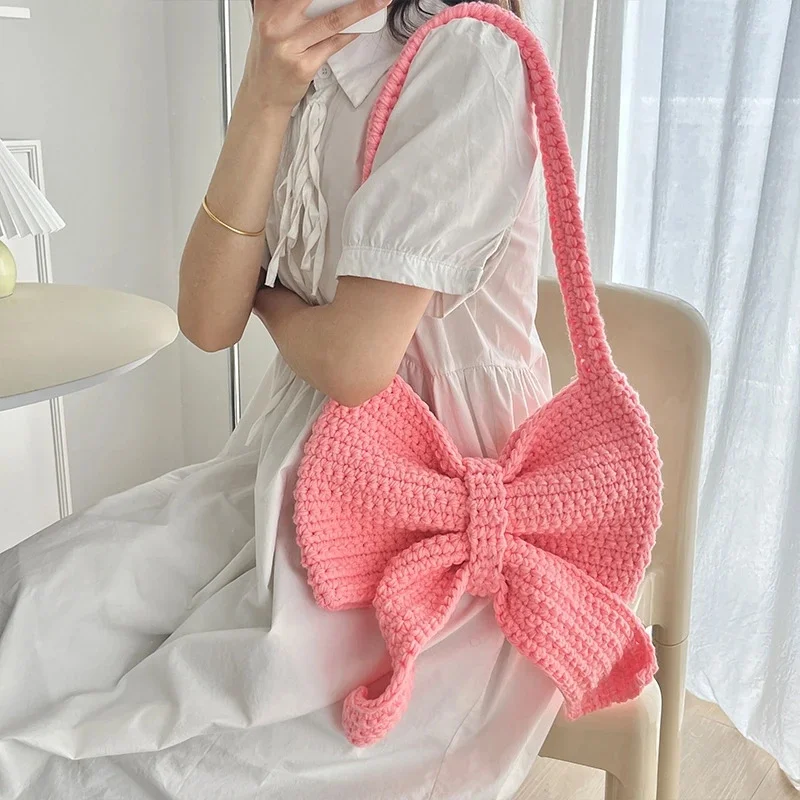 

Ins Bow Crochet Shoulder Bag Women Funny Cute Handmade Weave Crossbody Bag Novelty Knitted Tote Handbag DIY Material