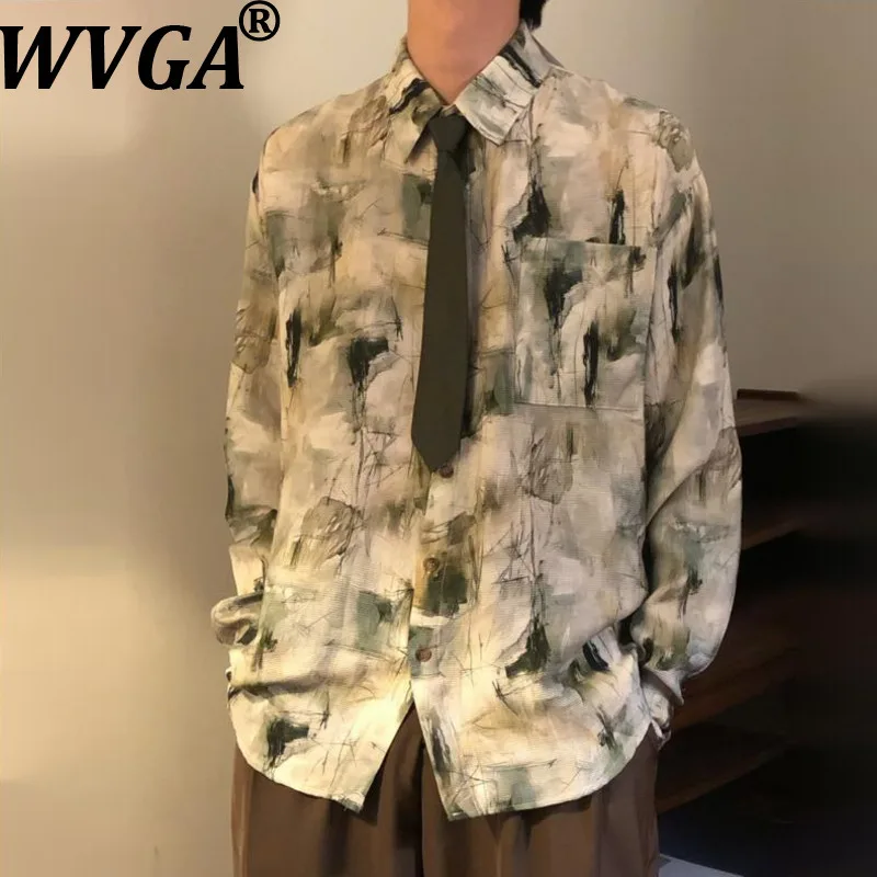 

WVGA Весенняя новая мужская рубашка с длинным рукавом в американском стиле с отложным воротником и принтом граффити, нишевая шикарная повседневная рубашка Ins W18278