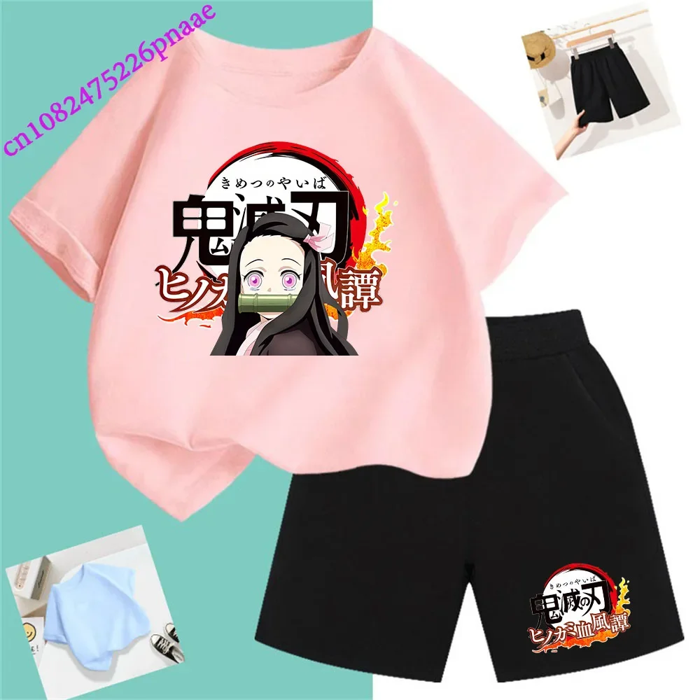 Demon Slayer t shirt Fashion Summerdress2024 Short Kid Short T-shirt Baby Tee Sets Fashion Casual O-neck Breathable KawaiiShorts