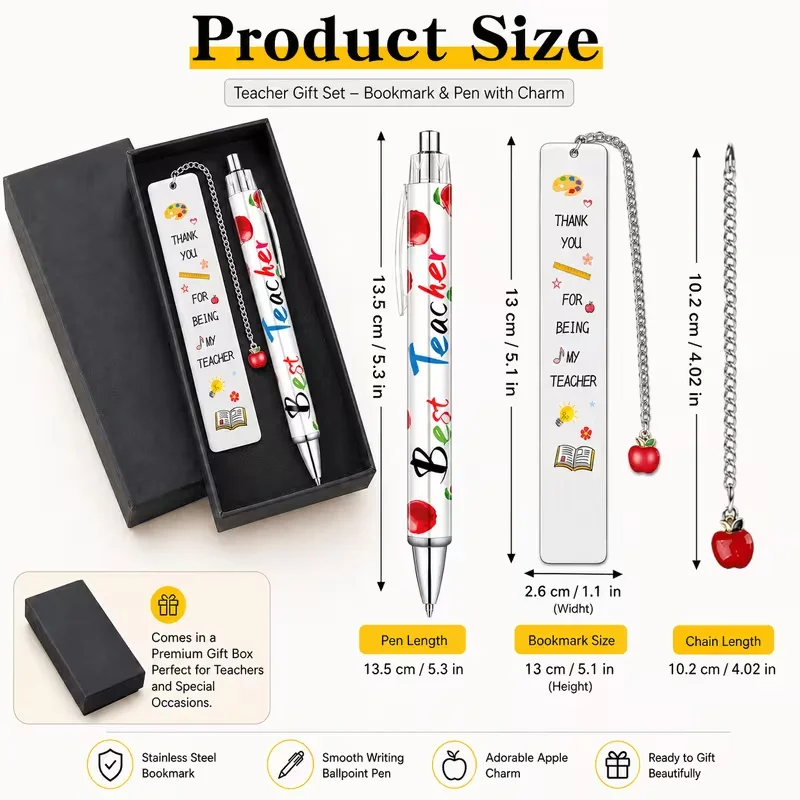 A 3-pcs “Thank You, Teacher” Gift set, Including 1 Apple Keychain 1 Metal Bookmark 1 Pc Ballpoint Pen 1 Gift Box back-to-school