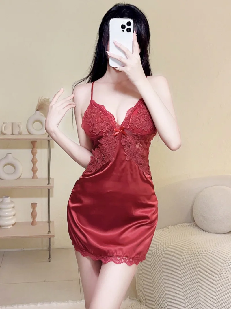 

Red Sweet Mini Dress V Neck Lingerie Sexy Backless Sling Dress Elegant Lace Uniform Fashion 2023 New Tops Korean Women 1IQ4