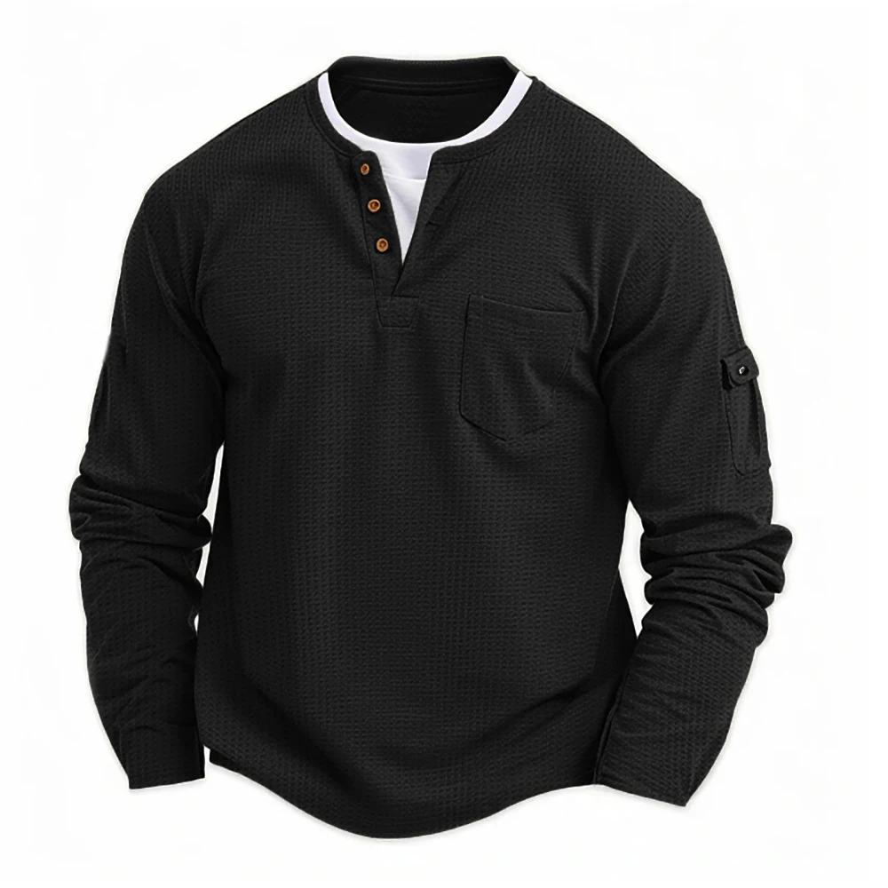 Men's Long Sleeve Button Henley Neck T-Shirt Casual Solid Color Waffle Fashion Fake Two-Piece Comfortable Fit Shirt image 5