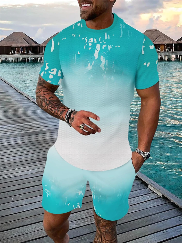 Hawaiian New Men's Two-Piece Set Beach Coconut Tree Print Crew Neck Short Sleeve Shirt Drawstring Shorts Casual Vacation Outfit
