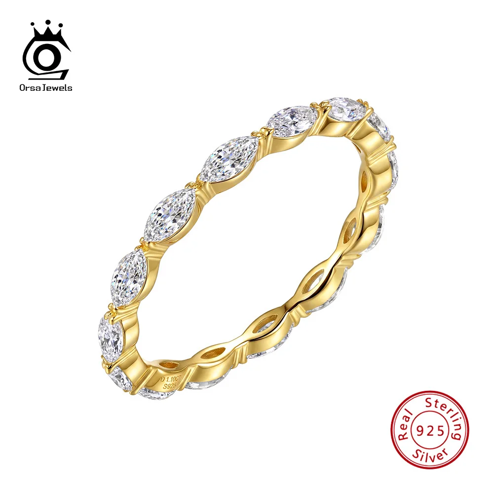 ORSA JEWELS 925 Sterling Silver Gold Plated Eternity Band Ring D Color Marquise Cut Moissanite Wedding Band for Women MOR23