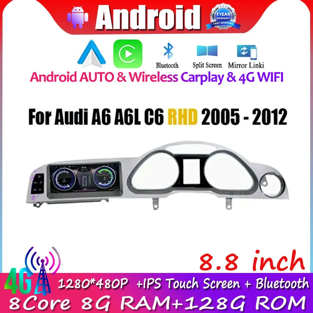 

RHD For Audi A6 A6L C6 2005 - 2012 Car Monitors 8.8 Inch Carplay Stereo Radio Android 14 GPS Navigation Multimedia Player 4G Lte