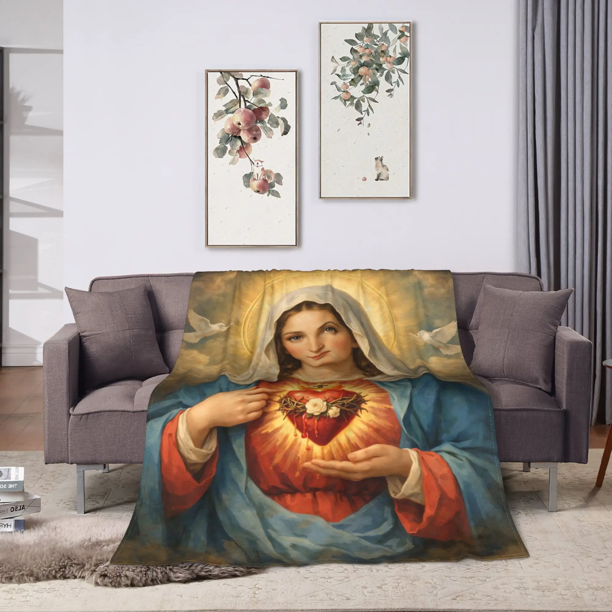 Virgin Mary Cherubs Rose Flannel Blanket  Super Warm Bedding Throws for Couch Chair Travel Aesthetic Bedspread Sofa Bed Cover