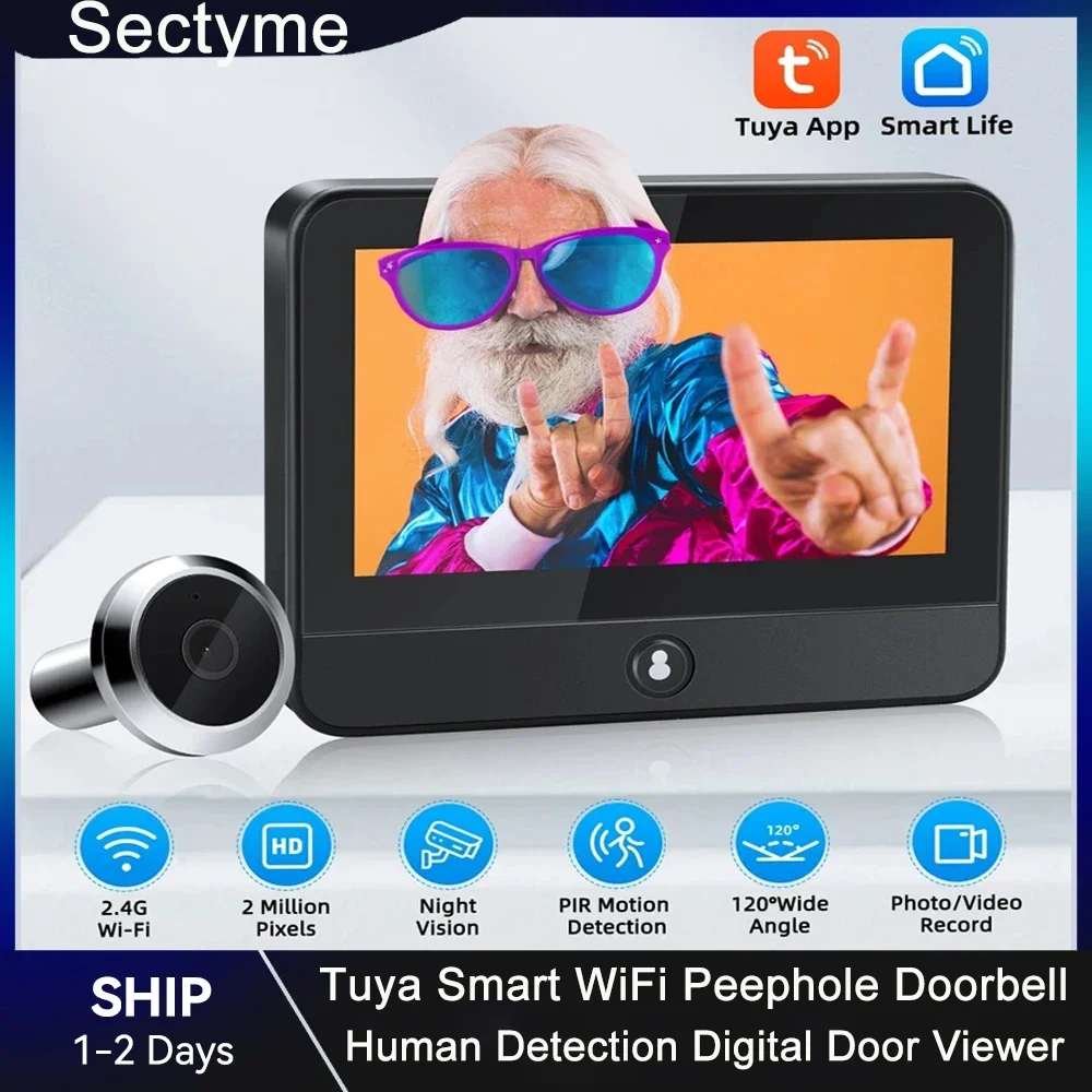 Sectyme Tuya Smart WiFi Peephole Doorbell 1080P Radar Human Detection Digital Door Viewer IR Night Vision with 4.3 Inch Monitor