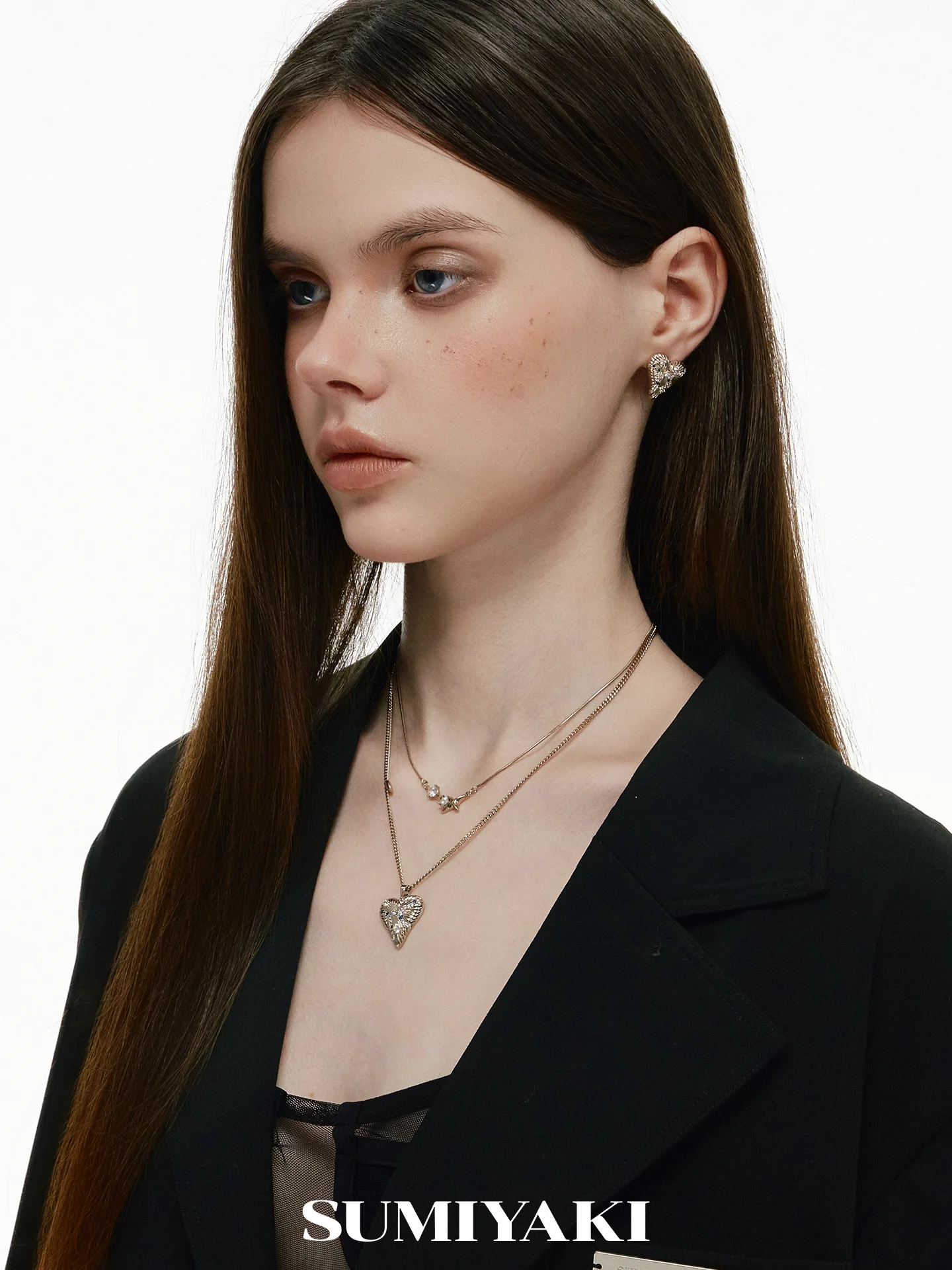 Genuine SUMIYAKI Brushed Diamond Love Necklace & Earrings, American Clavicle Chain