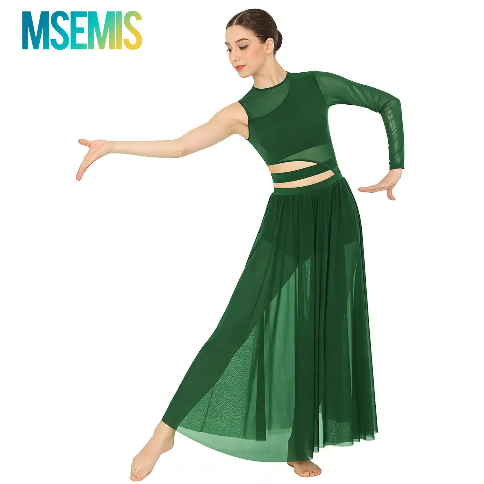 Robe de danse lyrique moderne pour femmes, col rond découpé, fente latérale, en maille transparente, tenue de performance