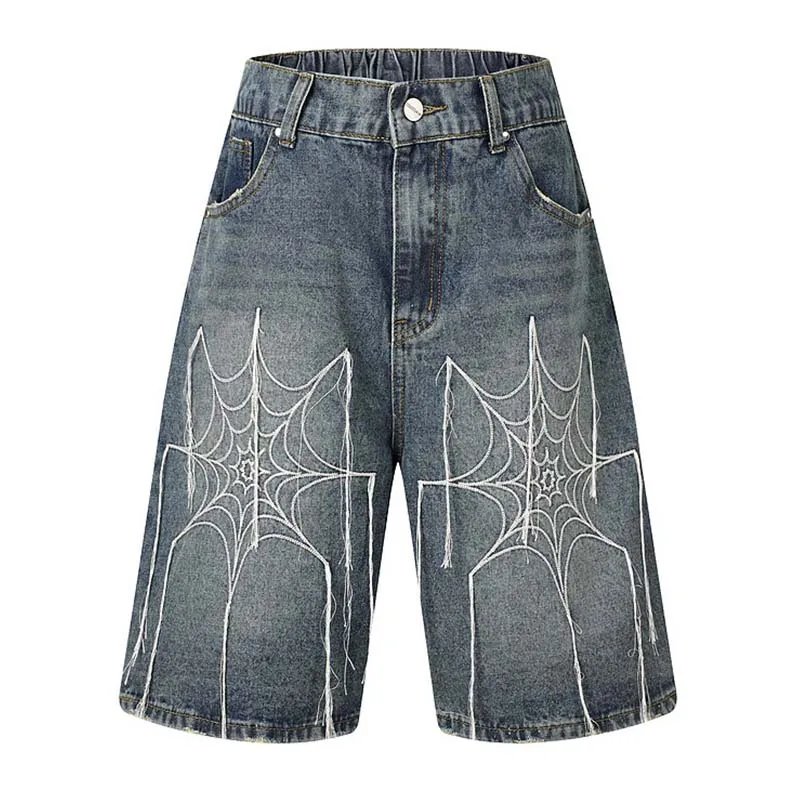 Hip Hop Spider Embroidery Tassels Denim Shorts Vintage Baggy Casual Jeans Shorts For Male