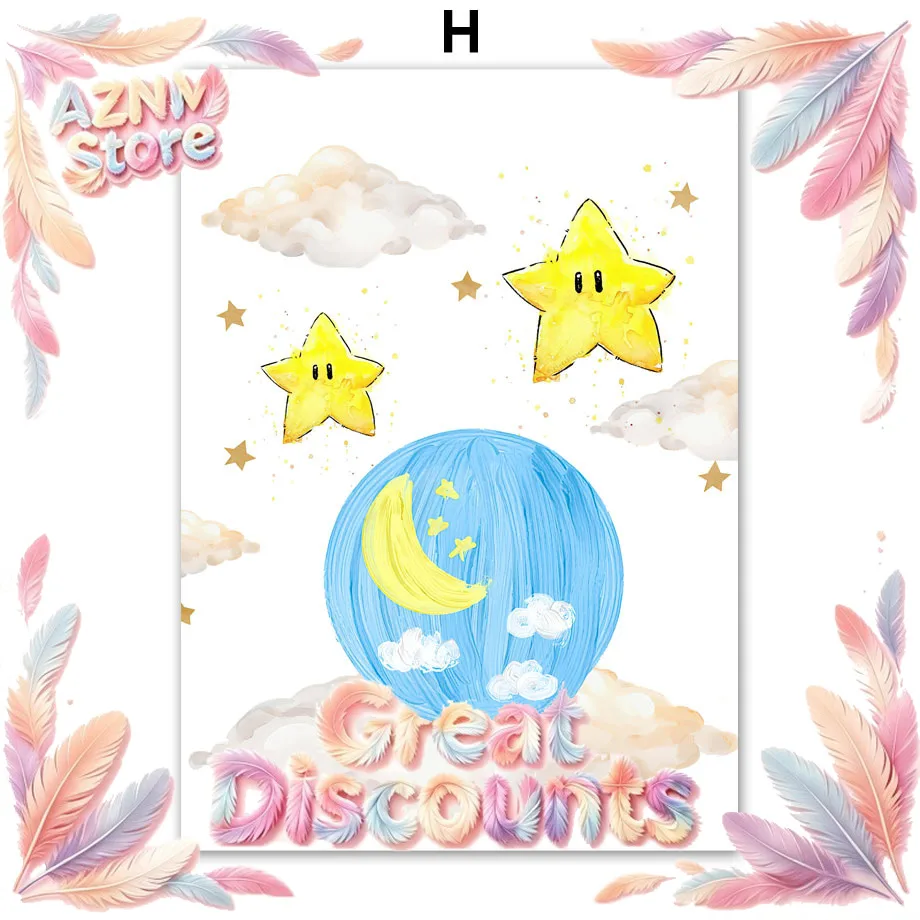 Watercolor Safari Animals Wall Art Mural Canvas Painting Cute Baby Jungle Animals Cloud Stars Poster Kids Nursery Bedroom Dec