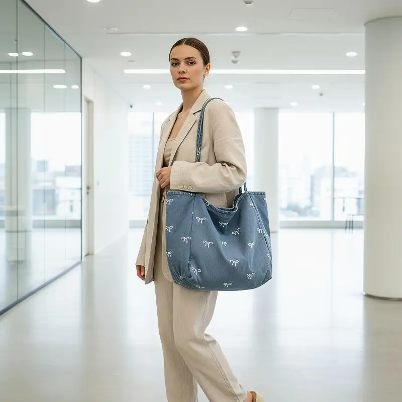 Ladies Bow Decor Denim Canvas Tote Bag Large Capacity Single Shoulder Daily Bag for Work Travel Grocery Errands