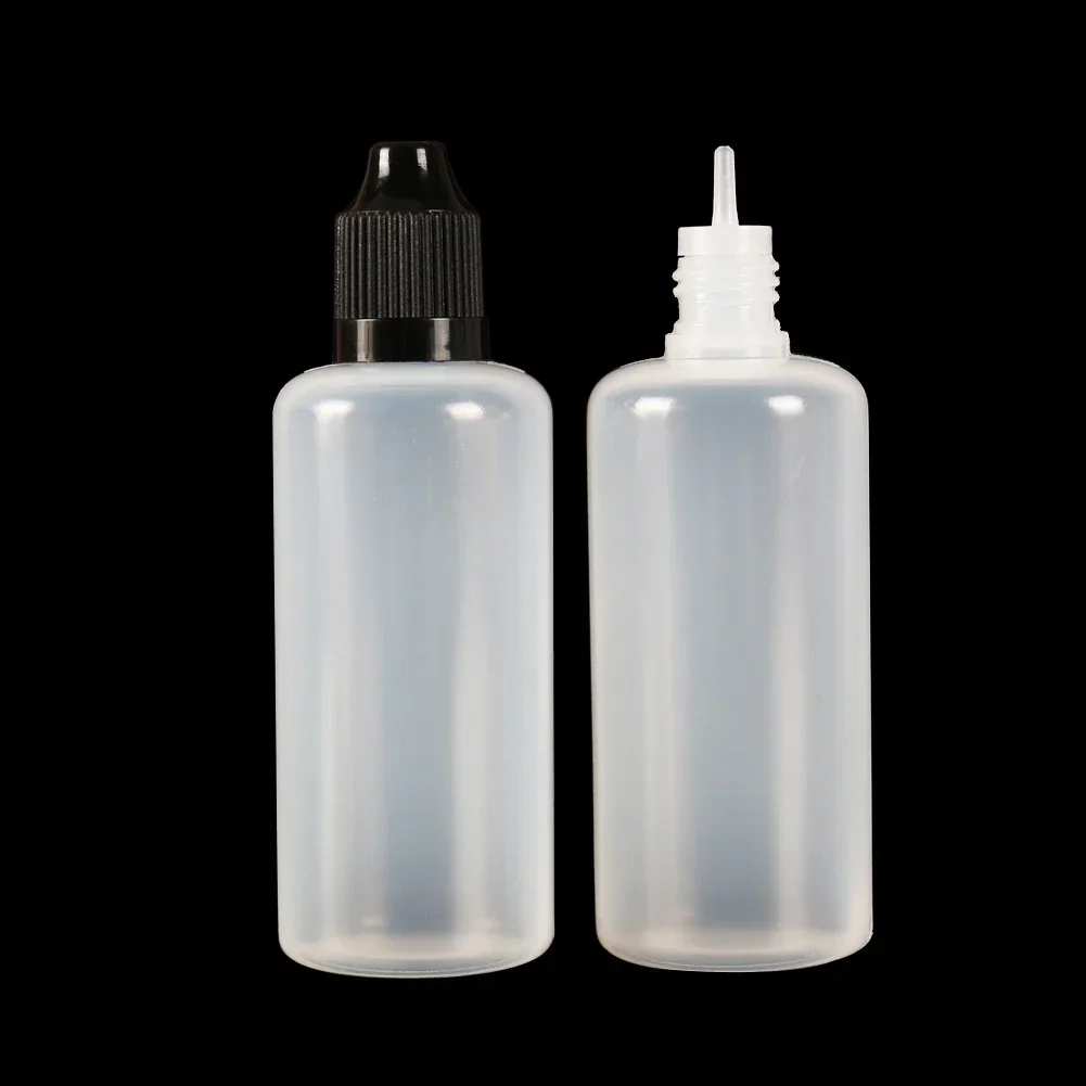 50 Uds (5ml-120ml) botellas cuentagotas LDPE vacío exprimible ojo E jugo líquido contenedor de aceite de humo tapa CRC punta cuentagotas + embudos