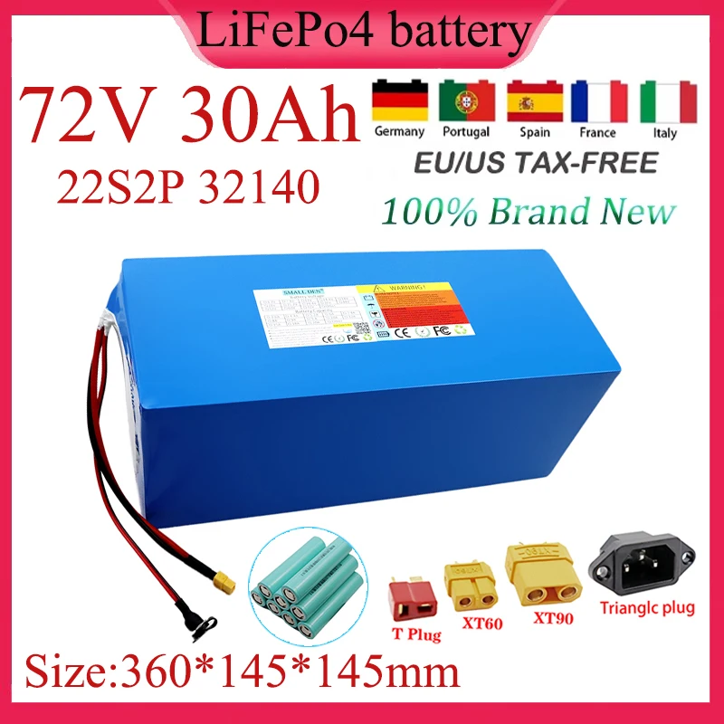 72V 30Ah New LiFePo4 Rechargeable Battery pack 32140 22S2P Built-in 30A BMS 3600W Motor High Power Solar RV Outdoor Battery