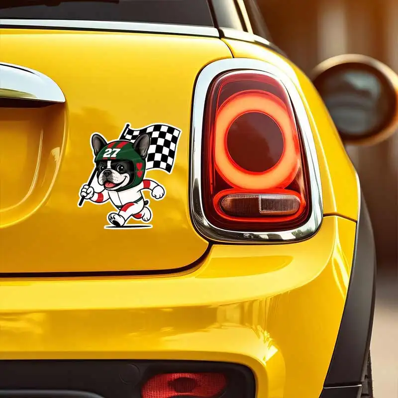 Cute French Bulldog Racer Car Sticker Racing Dog With Checkered Flag Helmet 27 Number Decal Vinyl Waterproof Decor Sticker SH134