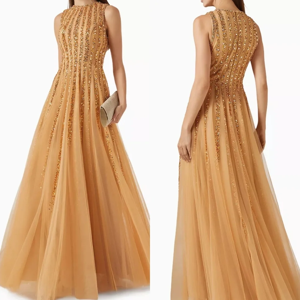 

Customized Net Sequined Sparkle O-Neck A-line Long Dresses Bespoke Occasion Women Luxury Evening Prom Exquisite Party Gown